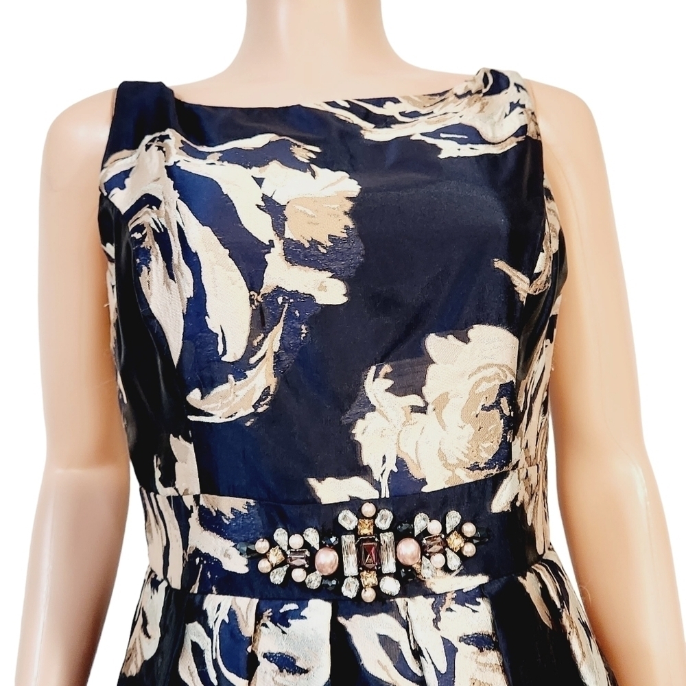 Eliza J Embellished Floral Ballgown Dress Navy Multi Size 10 - Picture 3 of 16